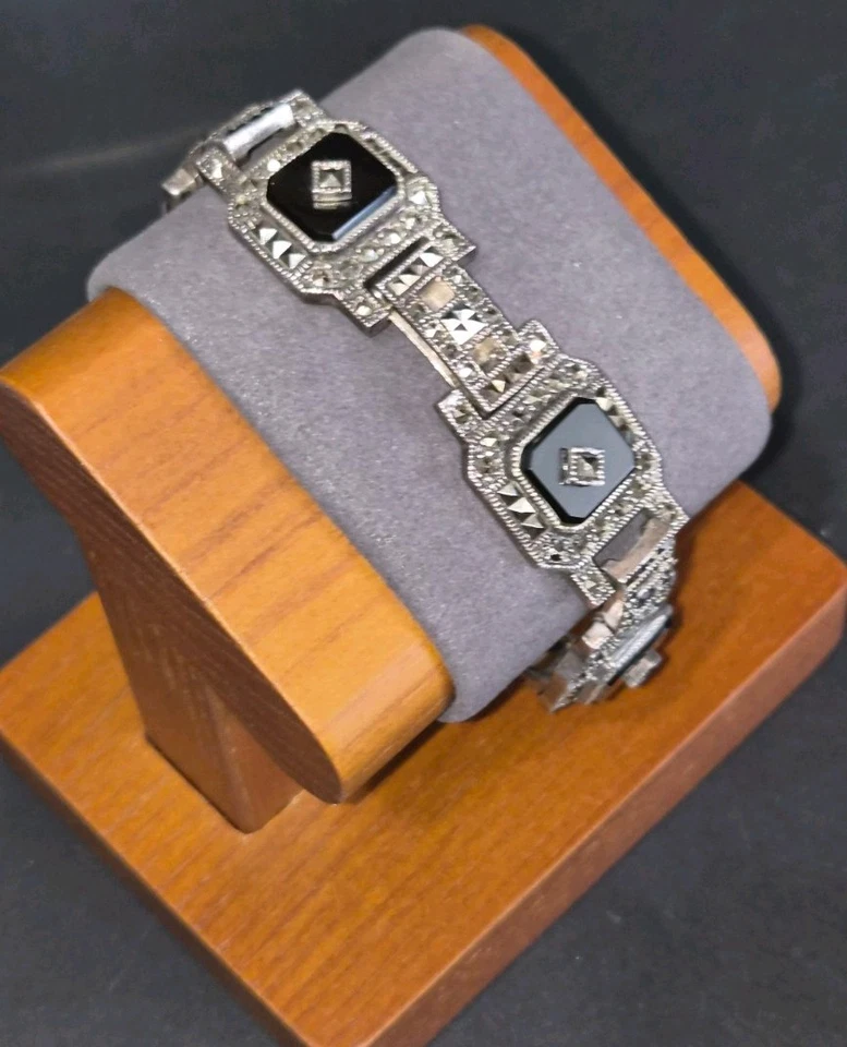 Pulsera Art Deco de ónix y marcasita de ley 8" Foto 2 de 4