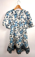 Joie Blue White Floral Cotton Mini Dress – Size 4 – Puff Sleeve Elastic Waist