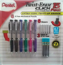 Pentel Twist-Erase Click Automatic Pencil Set 0.7mm Long Eraser Refills, 15 Pack