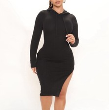 Fashion Nova Size Large Long Sleeve High Slit Hooded Ribbed Dress Black New