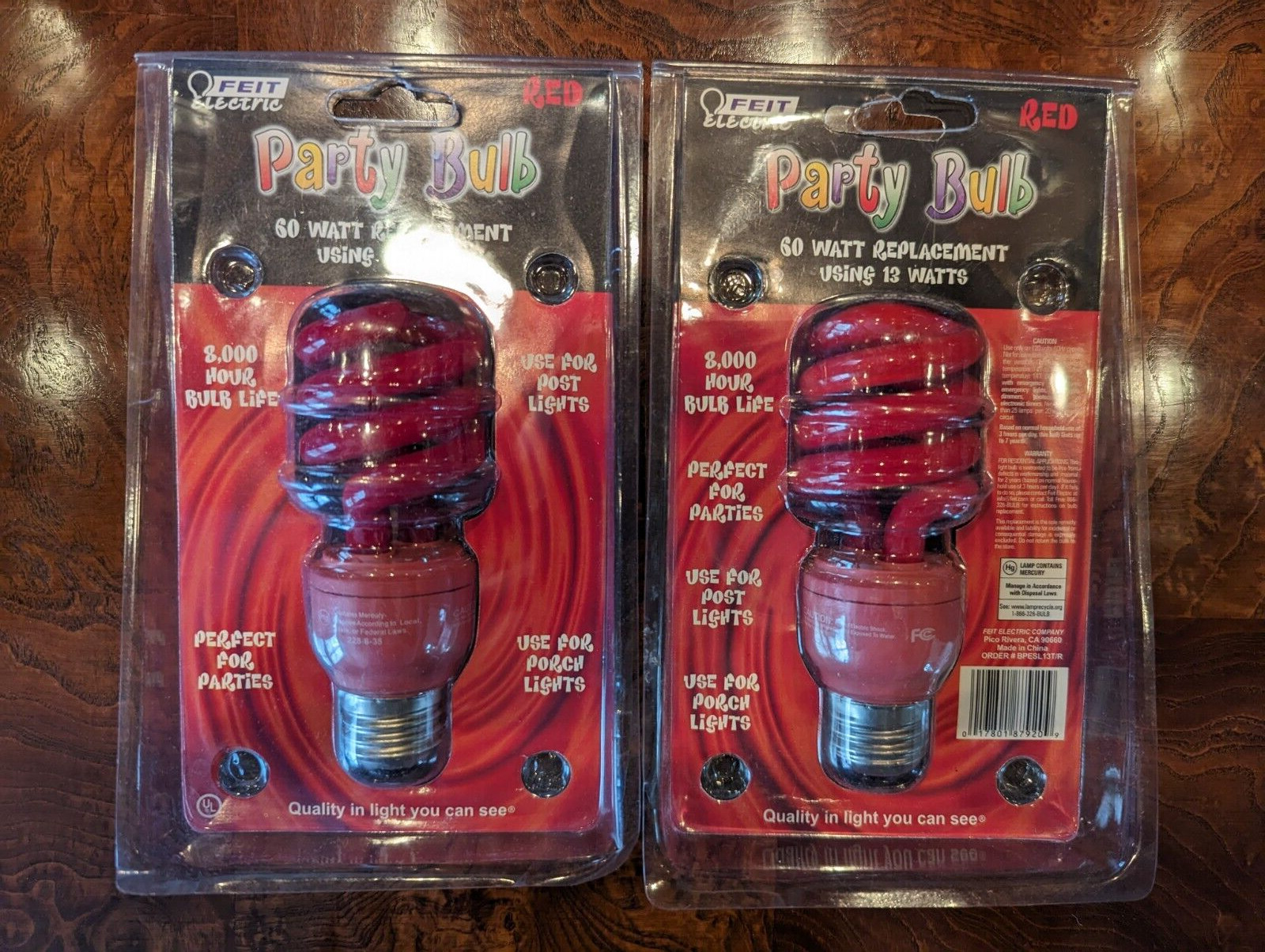 2 New FEIT Red Party Light 60 Watt Equivalent 8000 HR 13 Watt  Packaged Bulbs