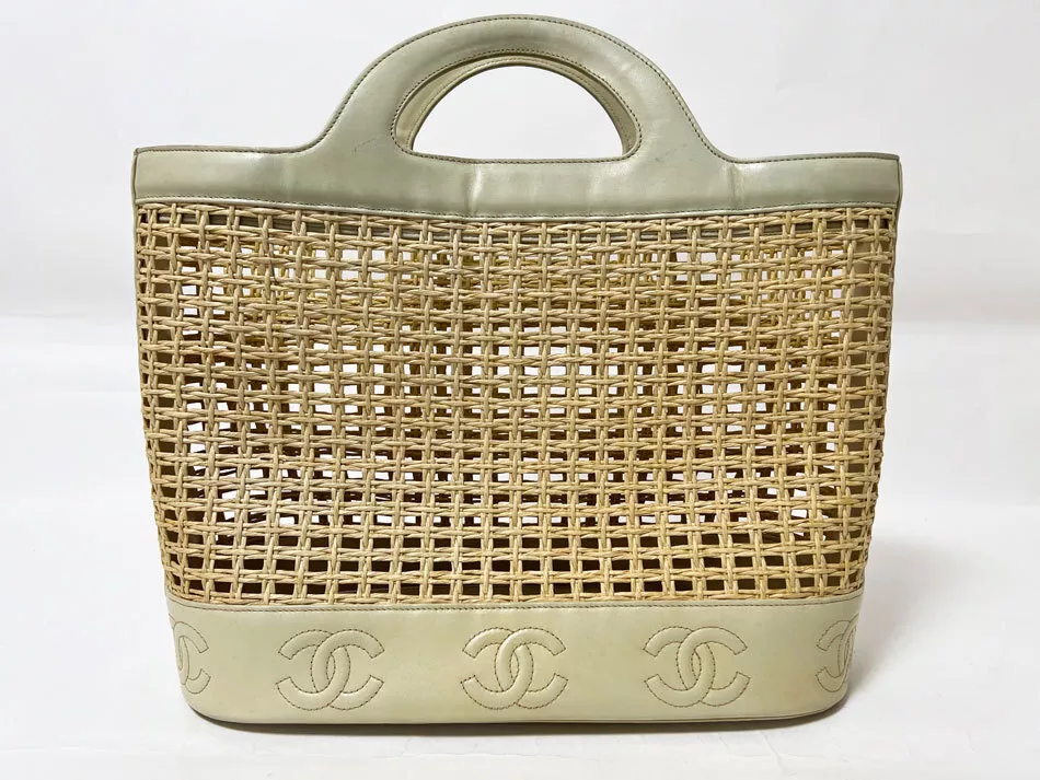 Chanel Straw Basket Hand Bag Leather Beige Vintage Size W40 x H31 x D17 Ladies