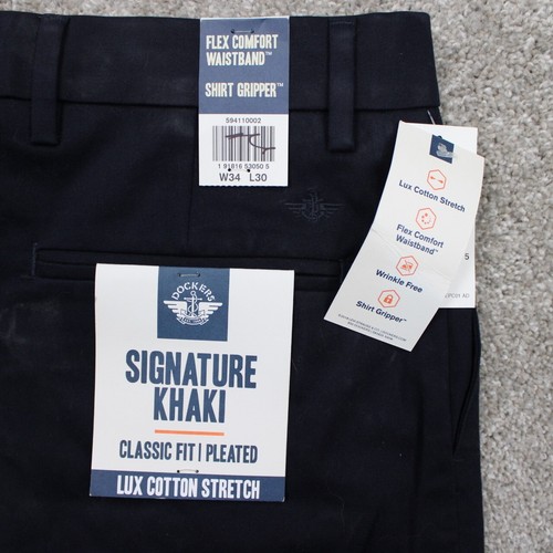 Dockers Hose Neu mit Etikett Herren 34 x 30 blau Signatur khaki plissiert Lux Baumwolle Stretch