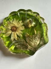 VTG MCM Lucite Resin Shell Shaped Soap Dish Pressed Flowers Butterfly Green