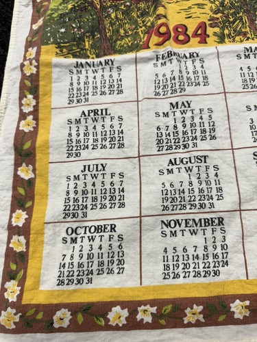 Kalender Leinen Geschirrtuch 1984 rot Scheunenbrücke grüne Bäume - Bild 3 von 7
