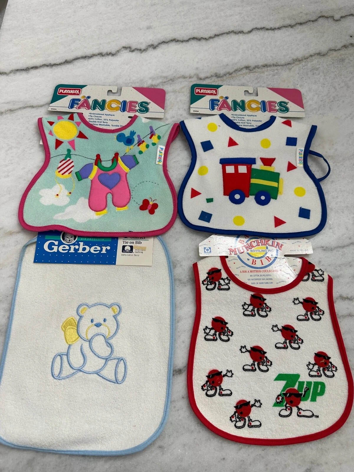New Vintage Playskool Fancies Gerber Bear Munchkin 7Up Terry Cloth Baby Bib Lot