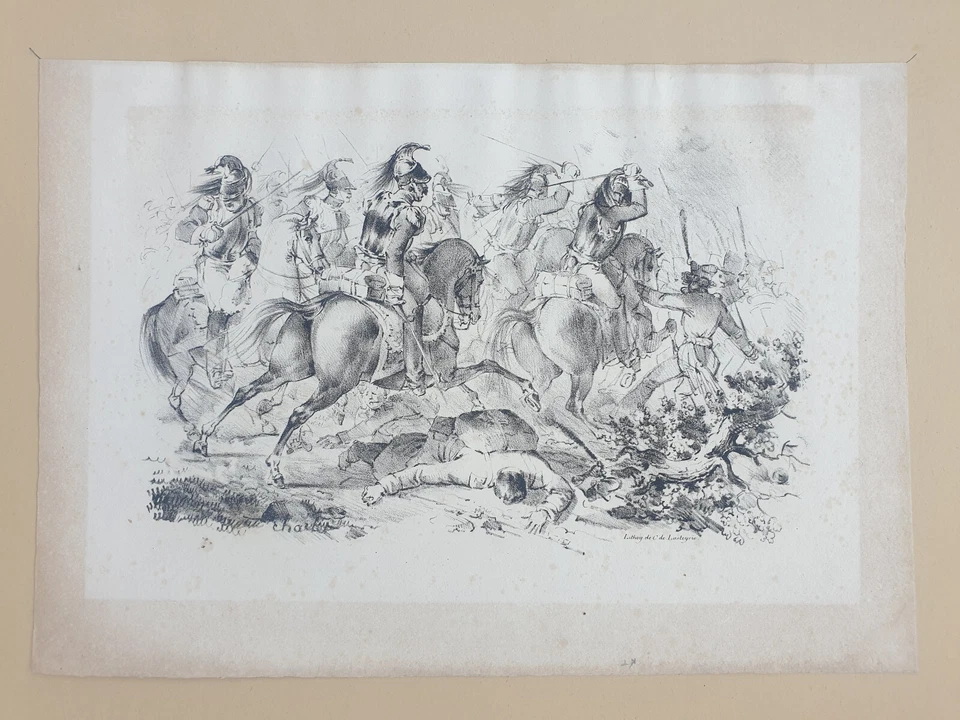 Lithographie orig sign Toussaint Charlet cuirassier chargeant l'infanterie Russe - Photo 2/2