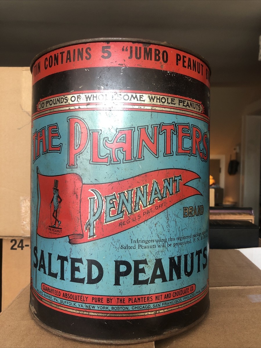Vintage Planters Peanuts Advertising Metal Tin 10lb 1920s W/5