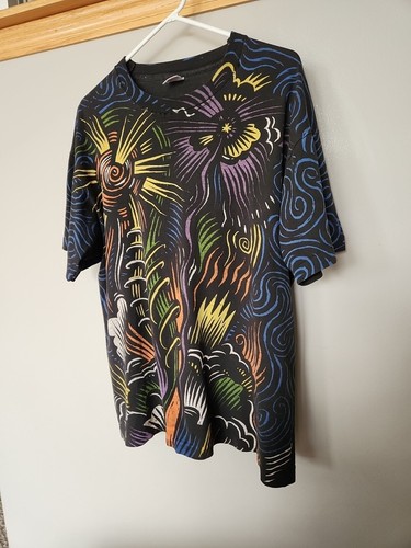 VINTAGE 90s 1990s FIRSTAR Bank Tshirt Tee AOP All Over Print Firework FOTL XL SS - Bild 2 von 10