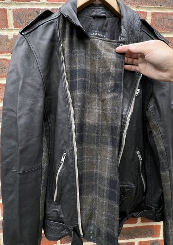 All Saints Mens CLASH Leather Biker Jacket SMALL Black Tartan AllSaints Wool - Picture 9 of 18