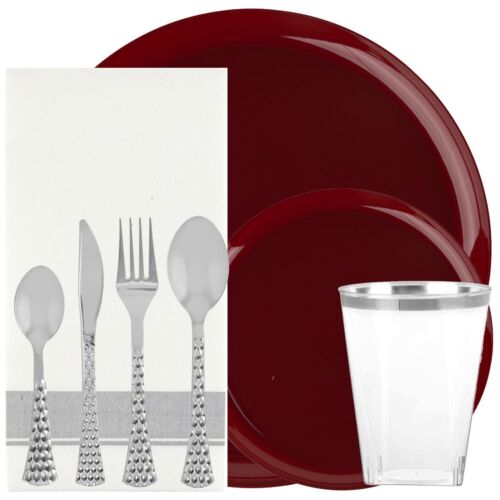 960pcDisposable Plastic Dinner Plate Cranberry Red Edge Tableware Set for 120