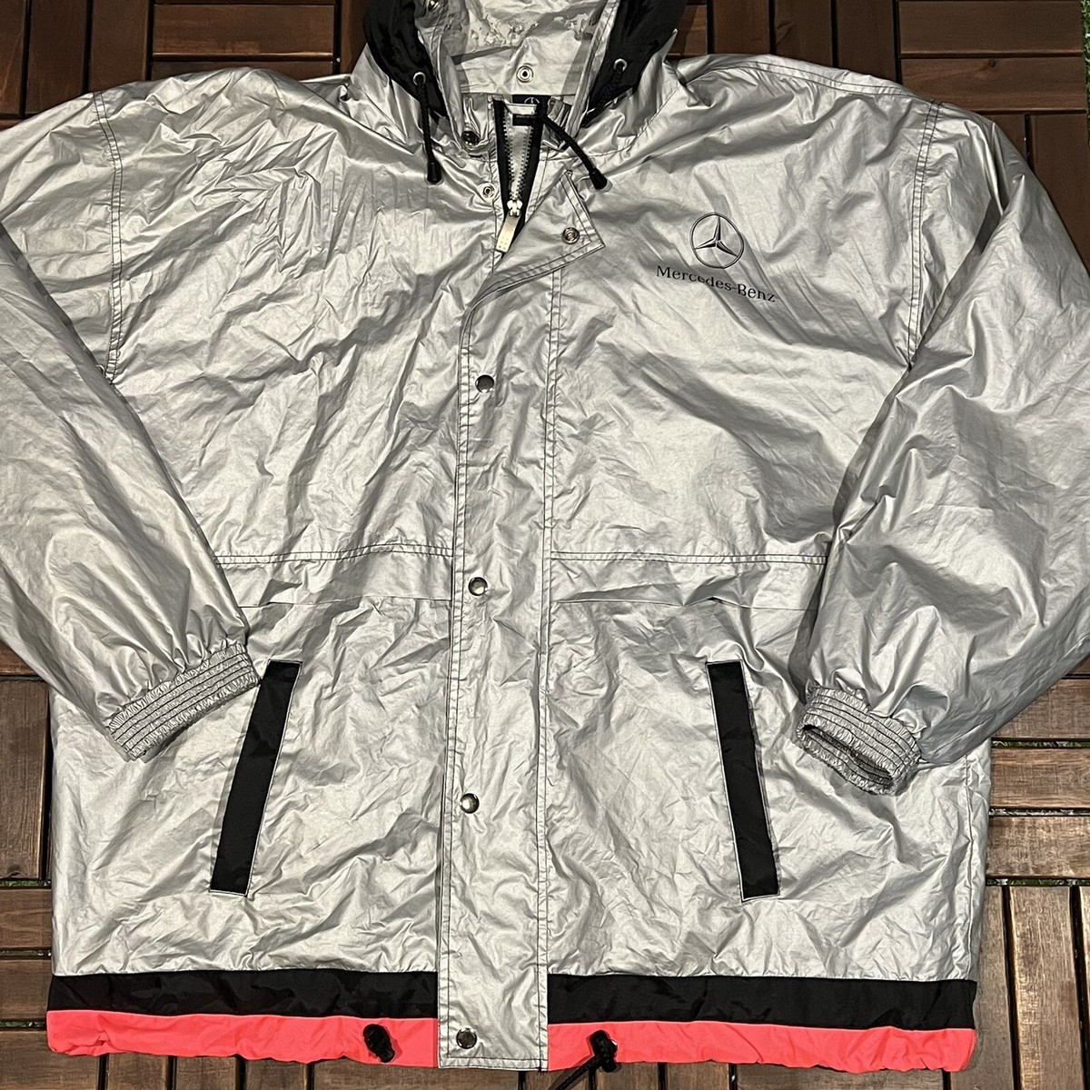 Mercedes Benz Vintage Rain Jacket 90s Hooded Full Zip Silver Mercedes Benz Vintage Rain Jacket 90s Hooded Full Zip Silver