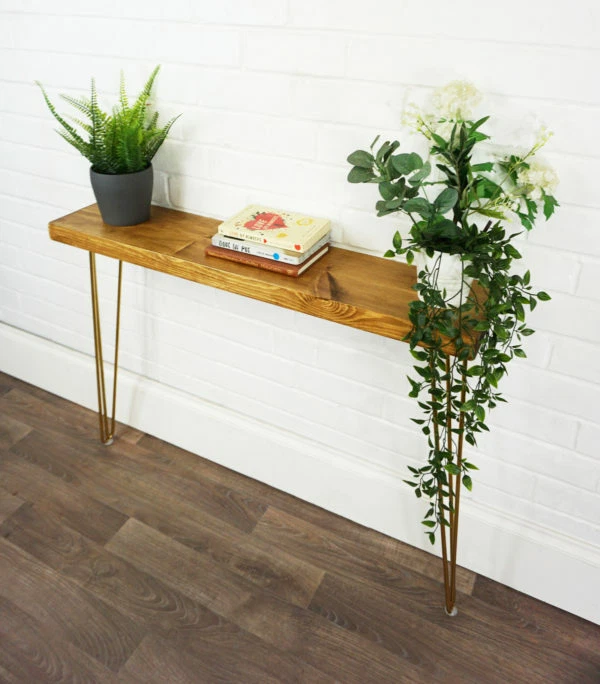Coffee Side Table Console Solid Wood Timber Metal Gold Legs 19.5cm x 4.4cm - Image 2 of 4