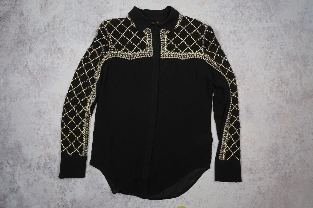 Balmain H&M Shirt Blouse Beaded Crystals Pearls Embellishment Silk
