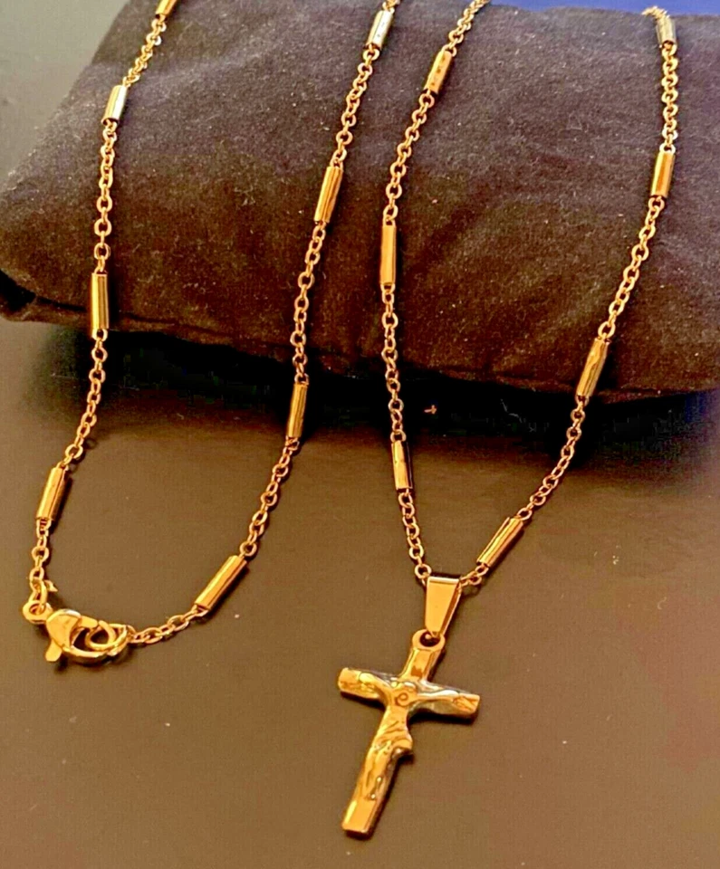 Collana con croce rosario in acciaio inox oro da uomo catenina 60 cm donna - Immagine 2 di 4