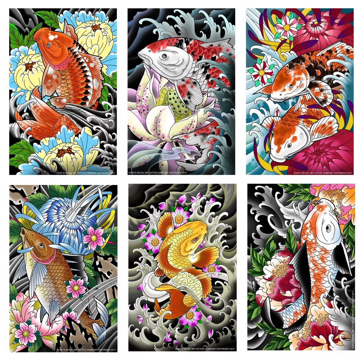 "6 Koi" Tattoo Flash,11x17 New for 2018