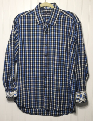 MARCO BRUNELLI Mens Large Check Print Long Sleeve Cotton Dress Shirt