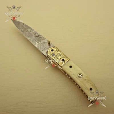 Folding&Hunting Knives Damascus Steel Knife Inner Lock Handle Camel Bone Sheath