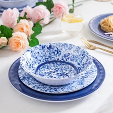 Melamine Dinnerware Set, 12 Piece Service for 4, Blue and White Porcelain Tab...