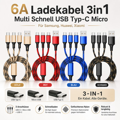 Ladekabel 3in1 Multi 3A USB Typ-C Micro Schnell Handy für Samsung Huawei Xiaomi