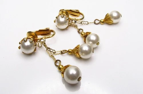 Vintage Pearl Clip Earrings Drops Costume Jewelry
