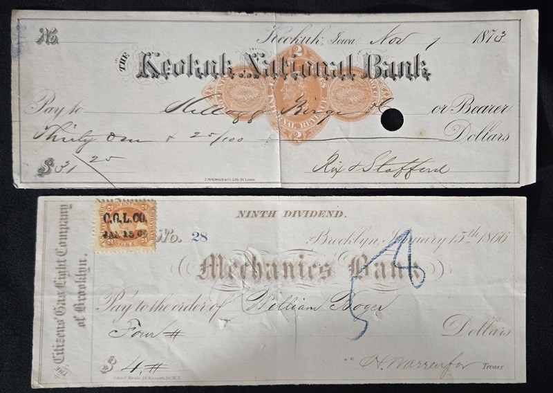 2 Antique Bank Checks From 1873 And 1866