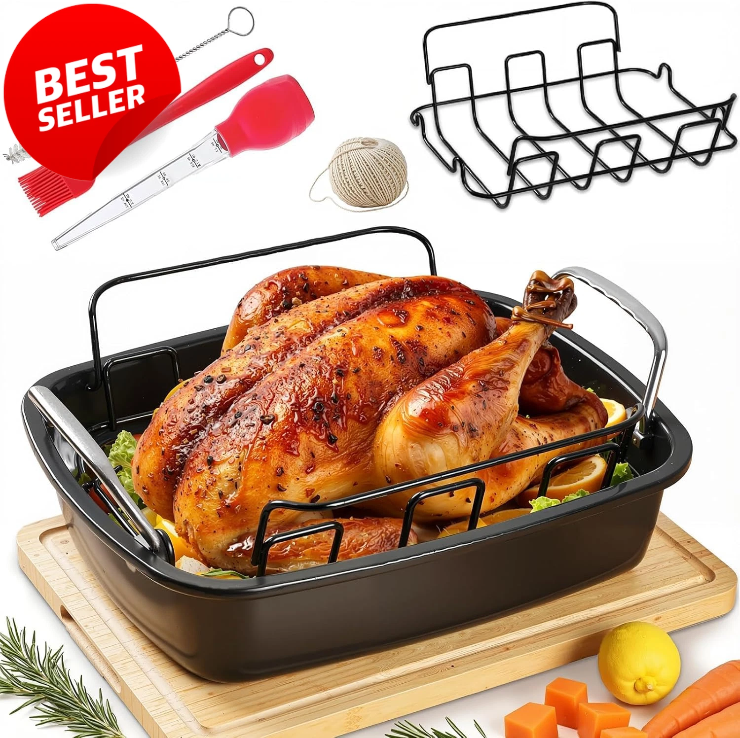17x13 Inch Large Nonstick Roasting Pan with Rack Baster Brush & Twine - US
Opens in a new window or