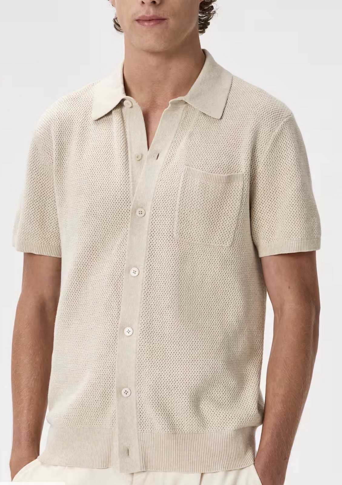 Mens 100% Organic Cotton Mesh-Stitch Button-Up Sweater Polo Beige Size large