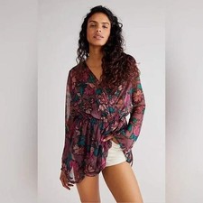 Free People Floral Tunic Womens Small Maroon Boho Wrap Smocked Romantic Dreamy