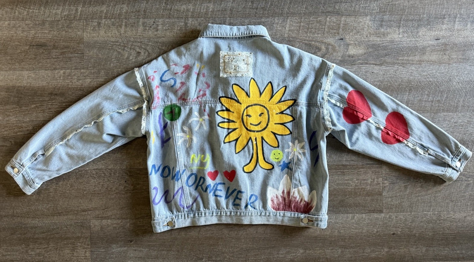 POL Denim Jacket S Patchwork Painted Lace Ruffles… - image 10