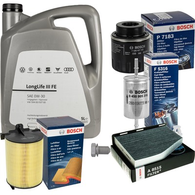 BOSCH Inspektionspaket 5 L VW Motoröl 0W-30 Longlife III FE für Golf Plus 1.4