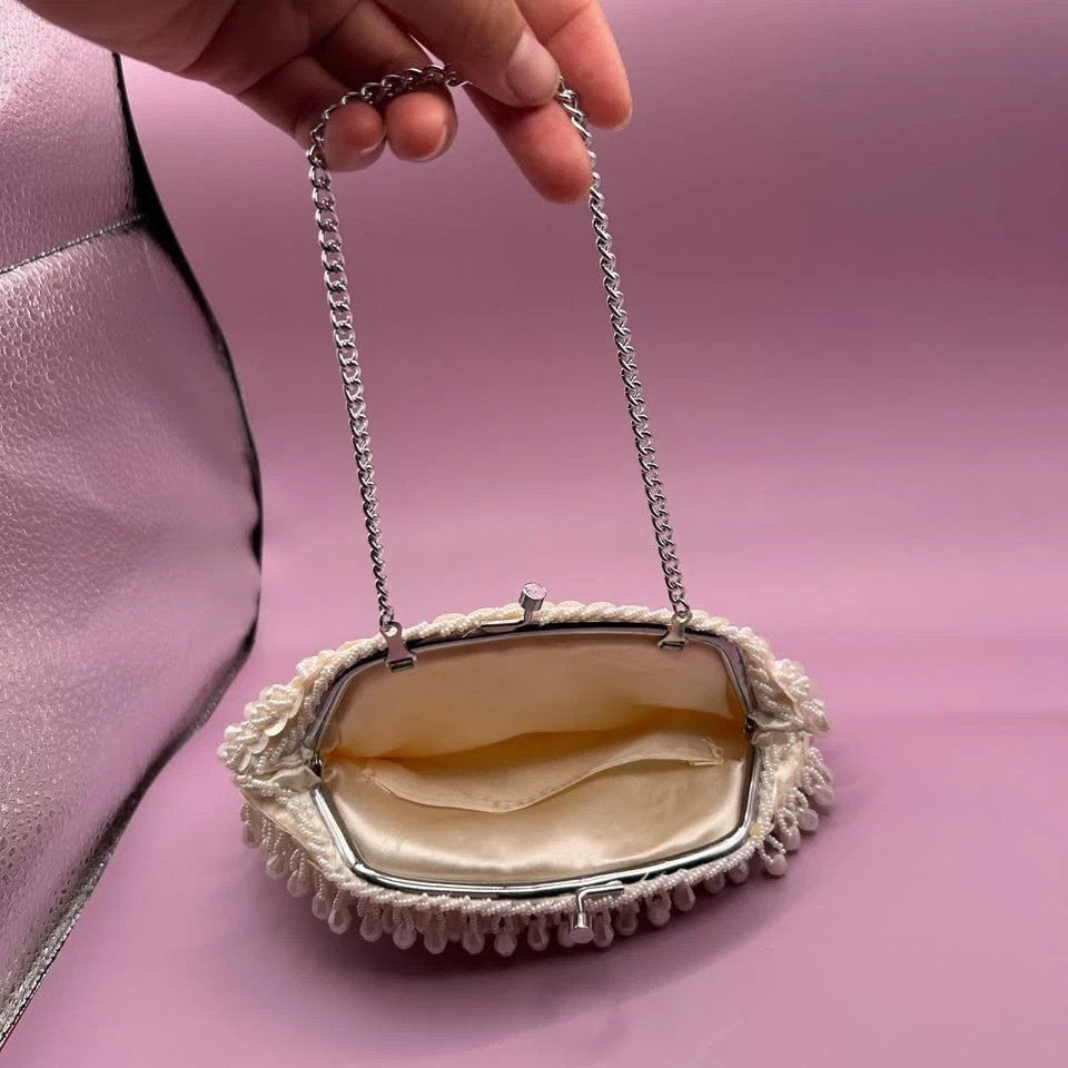 Vintage Beaded Evening Bag Hong Kong 1950s Handmade Pearl Sequin Clutch Purse - Image 3 of 4