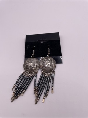Vng Native American Signed Tk Sterling Hematite Beaded Drop Dangle Earrings