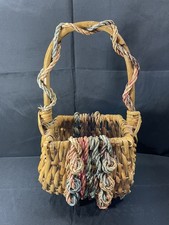 Vintage Rattan Woven Wicker Basket With Handle Colored Knot Details
