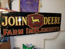 VINTAGE "JOHN DEERE FARM IMPLEMENTS" 36" X 12" PORCELAIN METAL TRACTOR 🚜 SIGN!