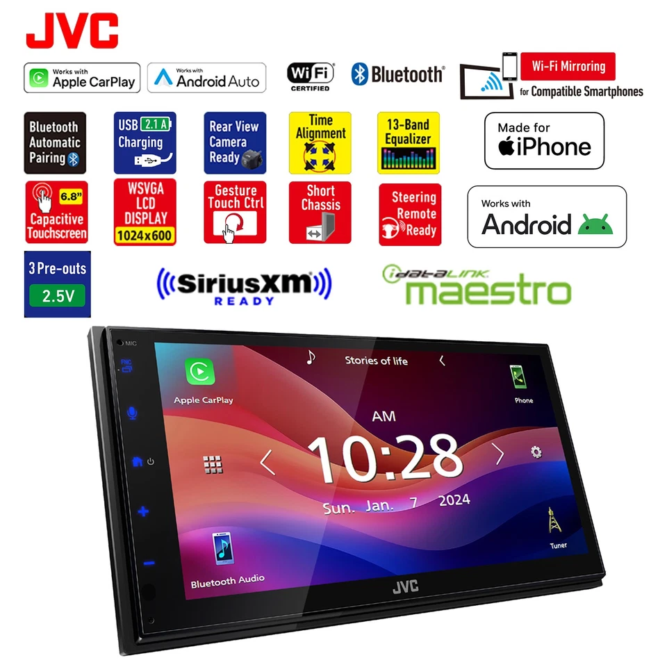 JVC KW-M695BW 6.8" Single-DIN Bluetooth USB/MP3 Receiver - Image 4 of 4