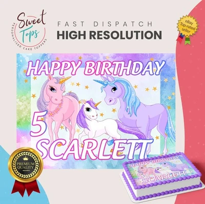 Unicorn Personalised Rectangle Edible Birthday Cake Topper Cake Decoration - Image 1 of 4