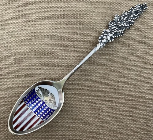 Reed Barton Harlequin Atlantic City Enamel US Flag Eagle Sterling Souvenir Spoon