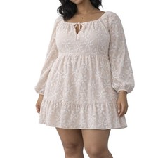 Shein Curve Cream 3D Floral Jacquard Puff Sleeve Babydoll Mini Dress 4XL Plus