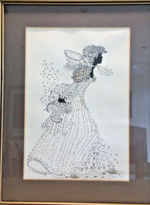 Retro 1970 s Painting by Elizabeth Whelan Glamorous Lady Pen and Ink Dated 1977