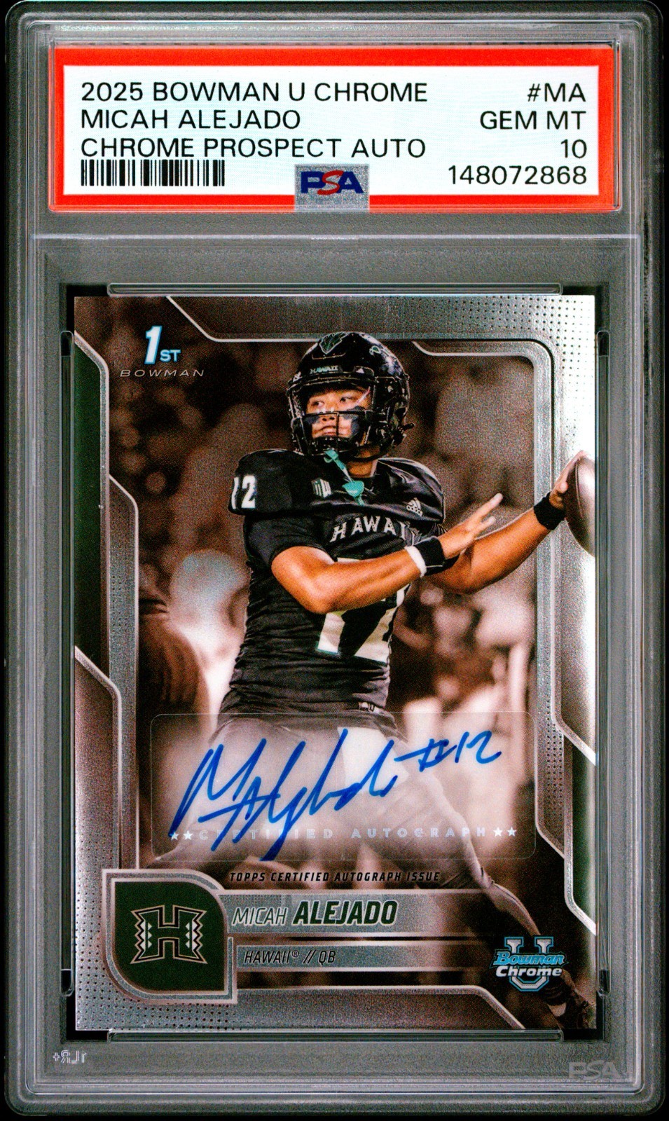 MICAH ALEJADO RC 2025 BOWMAN UNIVERSITY CHROME PROSPECT ROOKIE AUTO PSA 10 GEM