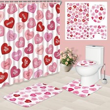 4 Pcs Valentines Day Shower Curtain Sets Heart Valentine Bathroom Set with Pink