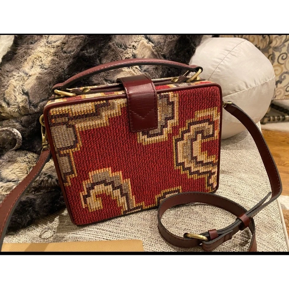 Patricia Nash Crossbody Box Bag Tapestry Design Burgundy Leather with Gold Trim - Image 4 of 4
