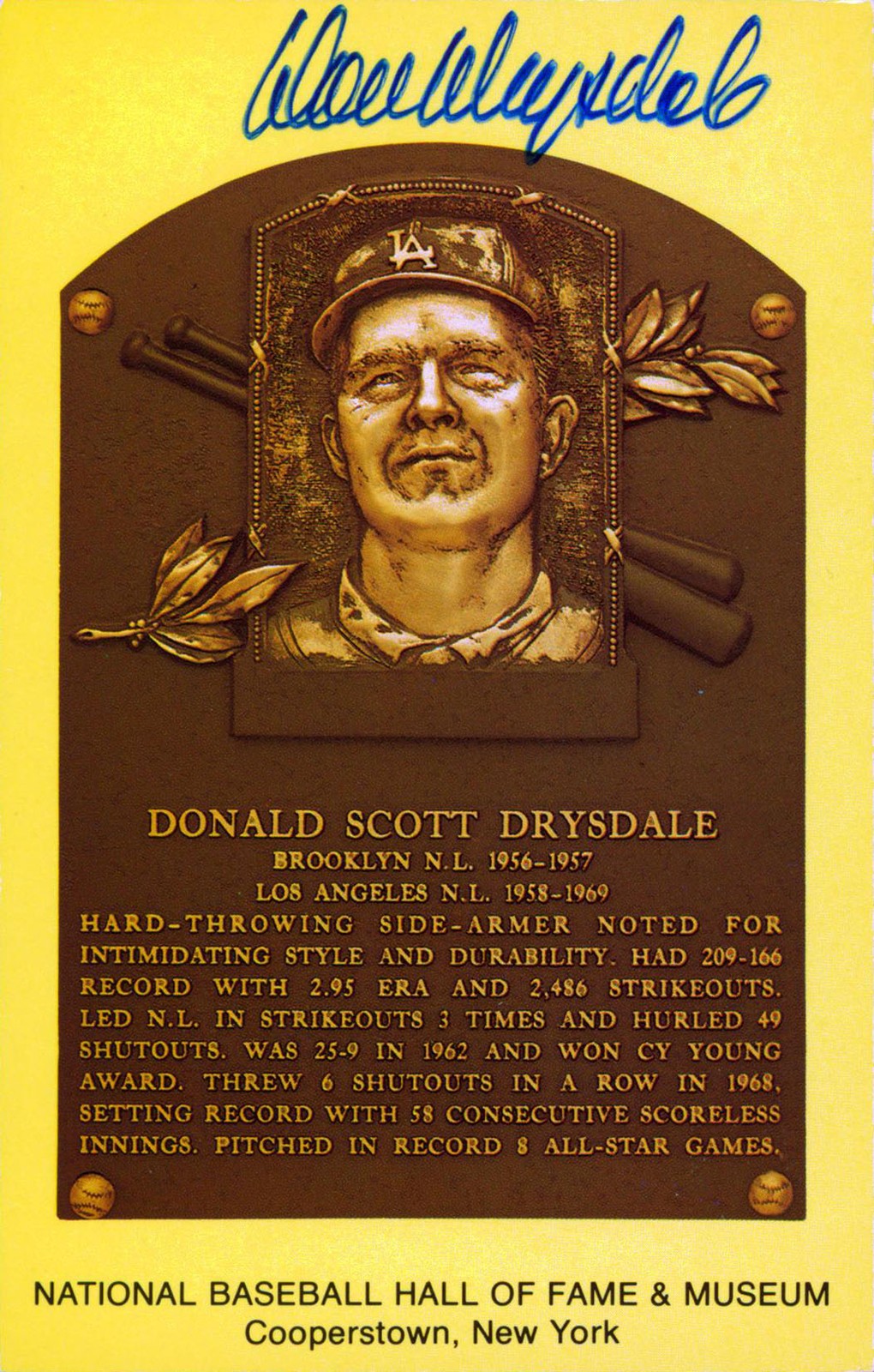 Don Drysdale Autographed Signed Los Angeles Dodgers Dodgers Authentic 3.5x5.5 HOF Plaque Postcard JSA T12762 