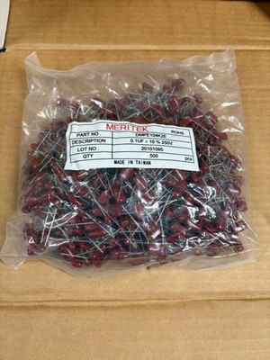 500 PCS Meritek DMPE104K2E 0.1uF 250V Film Capacitors ±10% Axial Lead ROHS