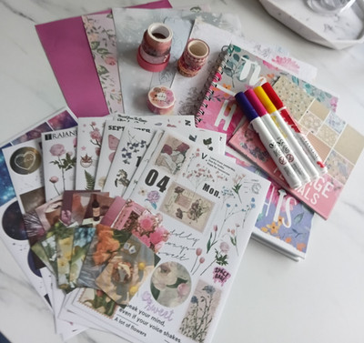 B5 Notizbuch Zeilen Journal Set Washi Tape Aufkleber Ecoline Marker Papier rosa