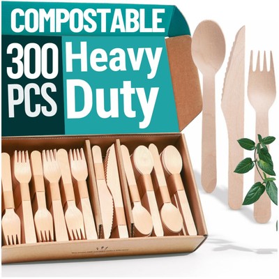 Disposable Wooden Cutlery Set - 300 pcs (150 Forks 100 Spoons 50 Knives) Comp...
