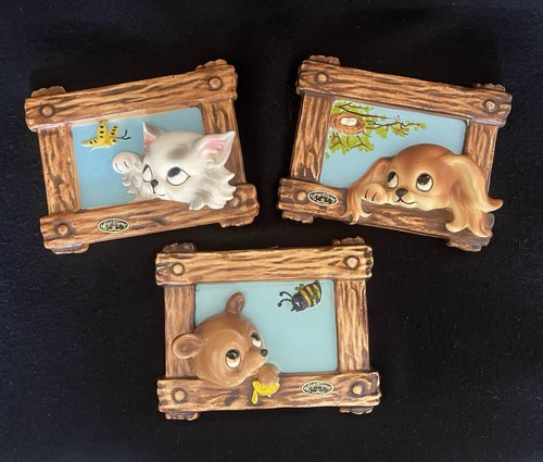 Vintage Josef Originals 3-D ANIMAL Plaque Wall Hangings Set Of 3 Rare!