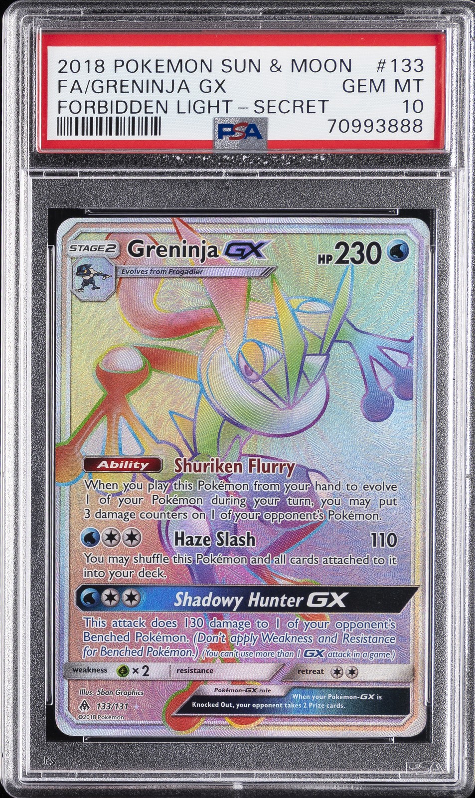 2018 POKEMON SUN & MOON FORBIDDEN LIGHT SECRET #133 FULL ART/GRENINJA GX PSA 10