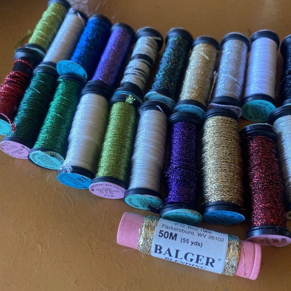 Lot of 29 spools of Kreinik metallic thread gold silver red blue green 8 12 Fine - Image 2 of 3